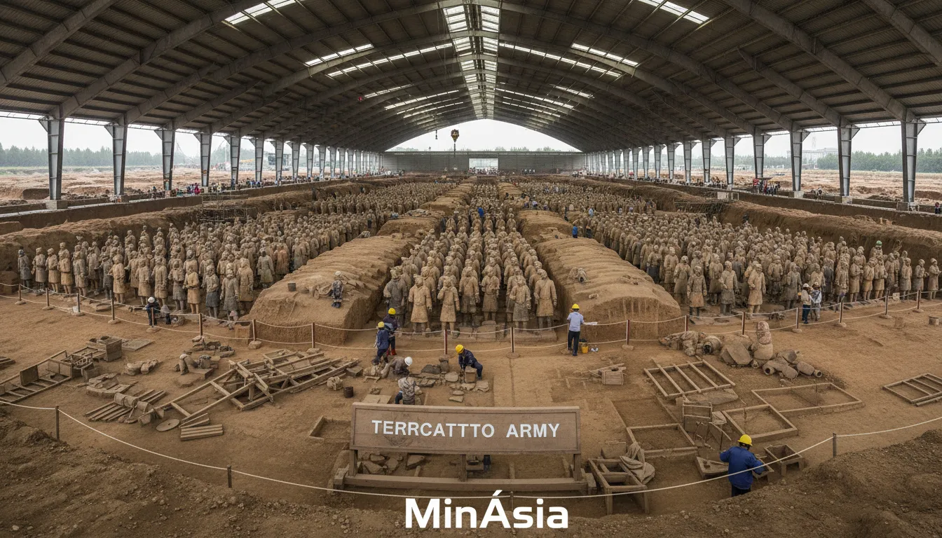 Vista panorâmica do sítio arqueológico do exército de terracota, capturando a magnitude da descoberta e o trabalho dos arqueólogos, com a marca MinÁsia.