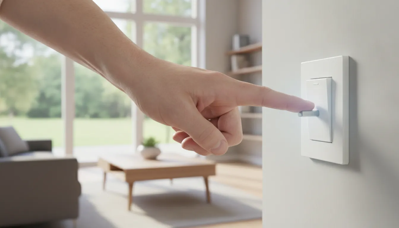 Mão desligando interruptor para economizar na conta de luz e reduzir consumo de energia.