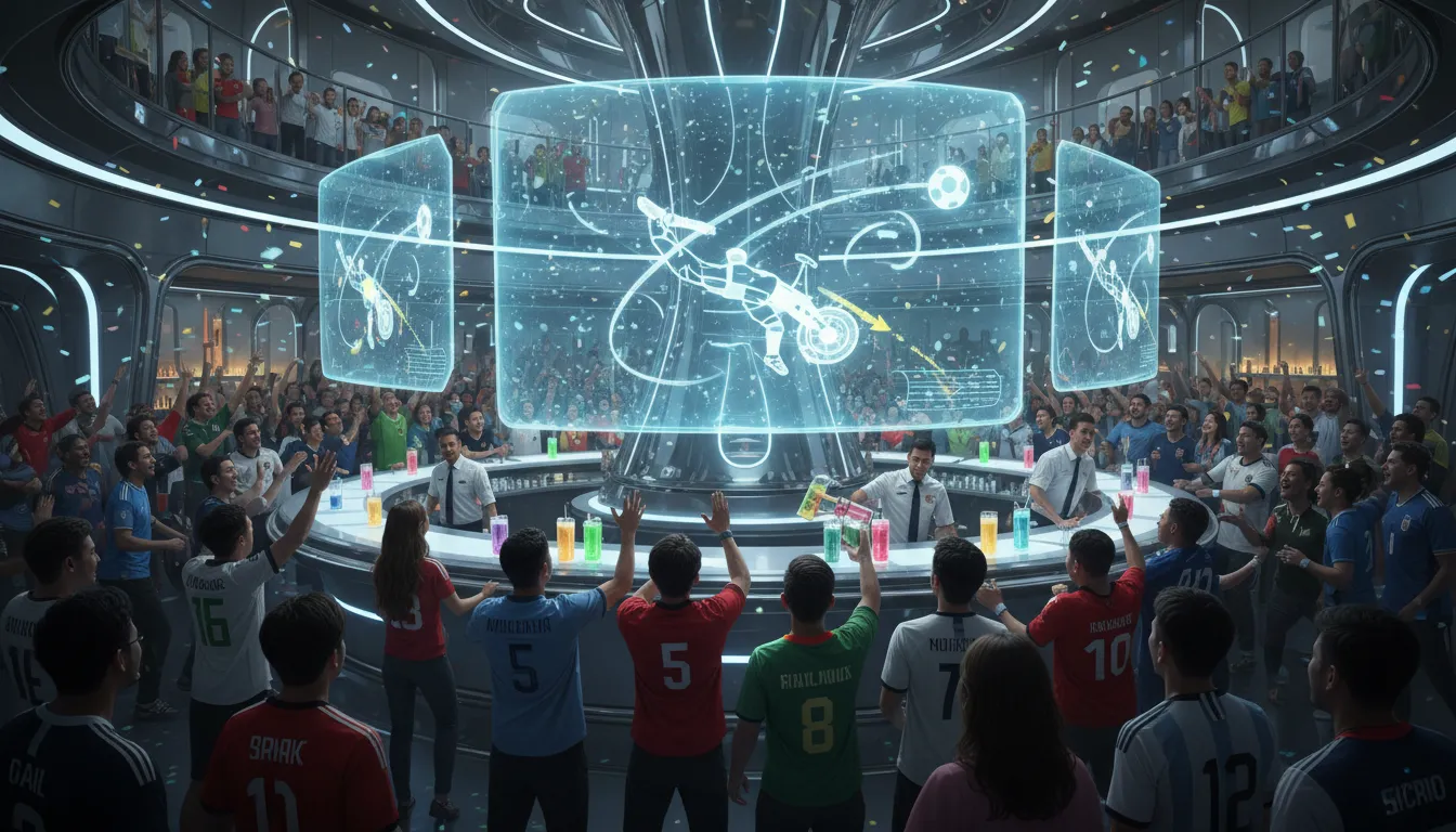 Bar futurista com torcedores assistindo a um replay de um forte candidato ao gol mais bonito copa 2026 todos os gols, com muita animação.