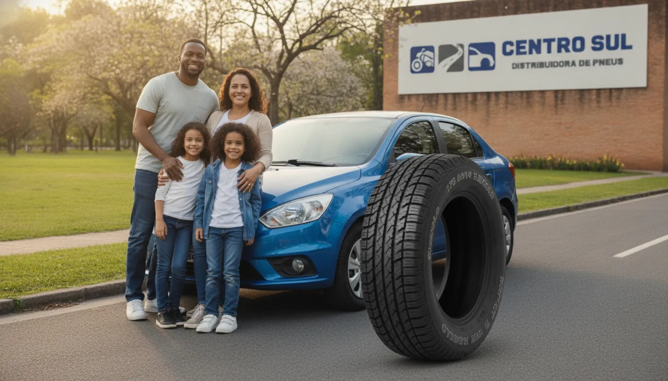 Família feliz ao lado do carro com pneus 175 65r14 remold, simbolizando segurança e economia.