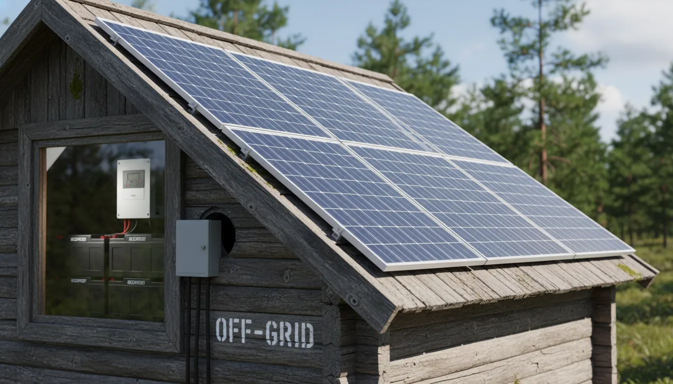 Detalhe dos painéis de energia solar off-grid instalados no telhado de uma cabana, mostrando a tecnologia que permite a autossuficiência energética.