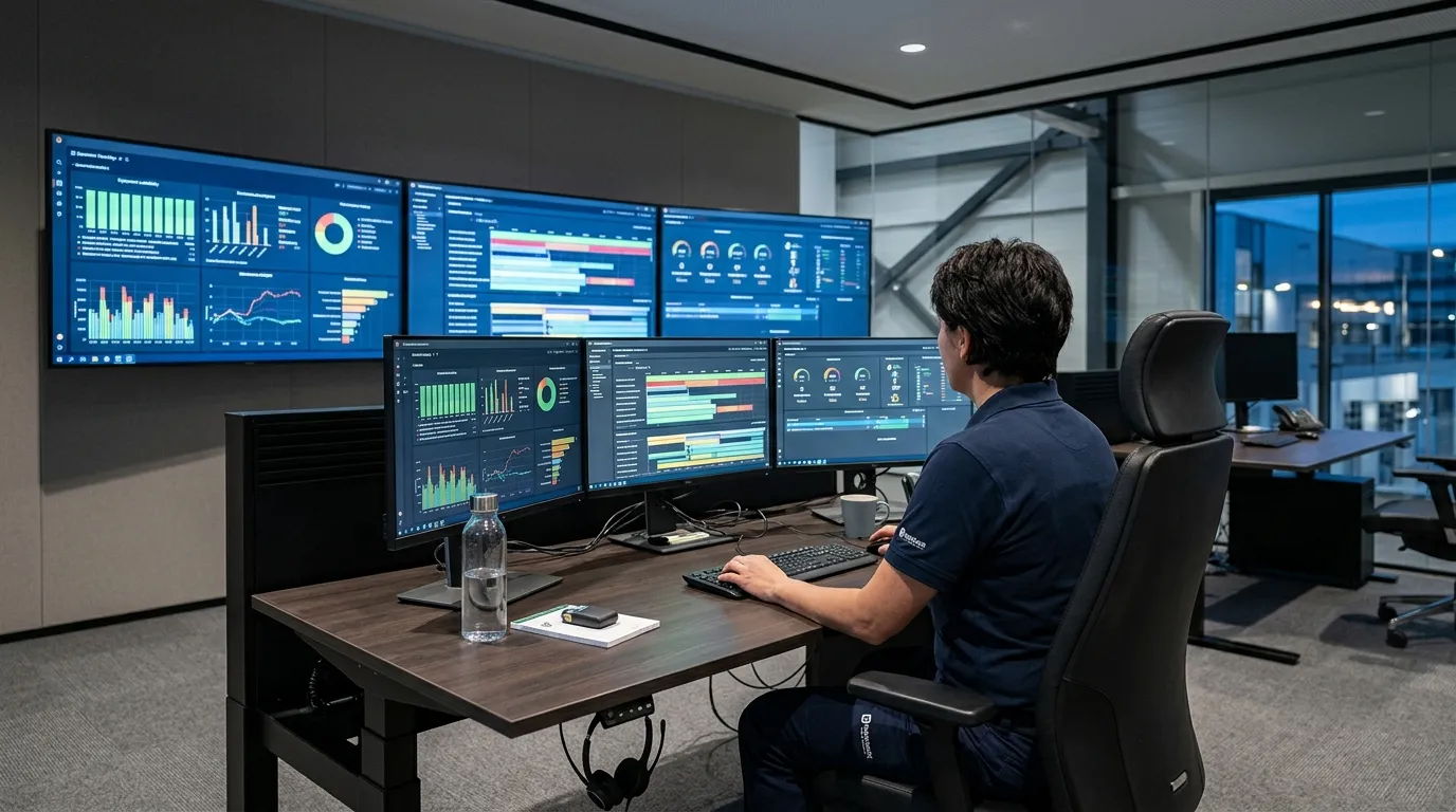 Painel de controle com graficos de manutencao preventiva e corretiva e preditiva na industria.