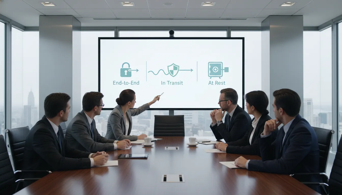 Executivos discutindo tipos de criptografia de dados em reunião, com diagramas na tela, focando em segurança.