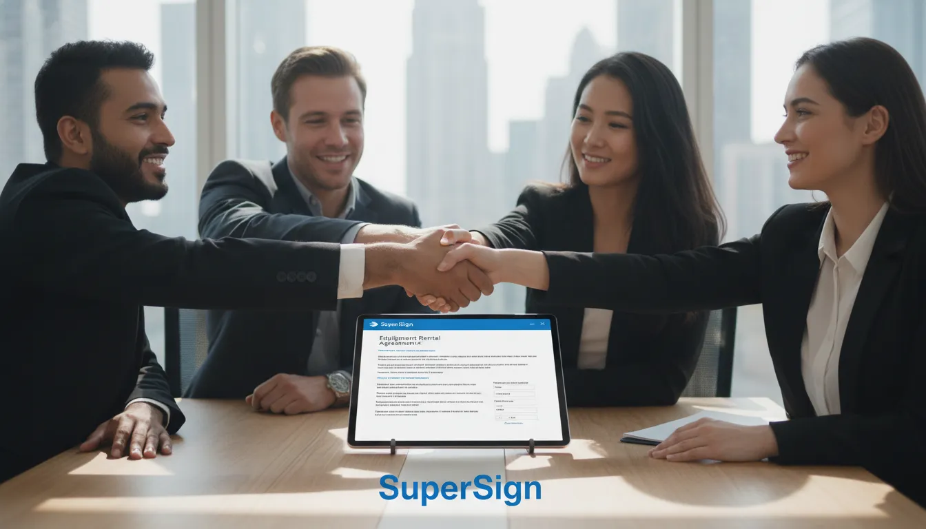 Profissionais diversos selam um contrato de locação de equipamentos digitalmente em um tablet com o logo da SuperSign, simbolizando confiança e modernidade.