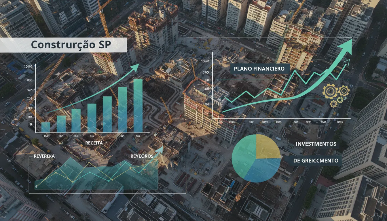 Visão aérea de um canteiro de obras em São Paulo com gráficos financeiros sobrepostos, demonstrando o planejamento financeiro e a Contabilidade Especializada para Construção Civil em São Paulo.