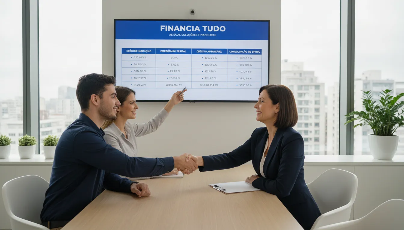 Casal apertando as mãos de consultor da Financia Tudo em escritório moderno, com tela exibindo opções de empréstimo. Simboliza o suporte especializado para encontrar o melhor financiamento para construção.
