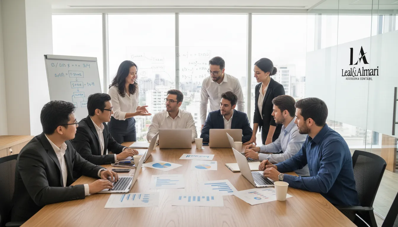 Equipe diversa de contadores empresa trabalhando em conjunto, demonstrando colaboração e expertise em assessoria contábil.