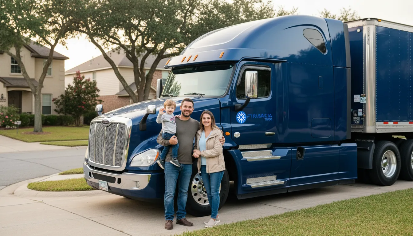Família sorrindo ao lado de um caminhão, ilustrando a estabilidade proporcionada por financiar caminhão com entrada baixa e garantir o futuro familiar.