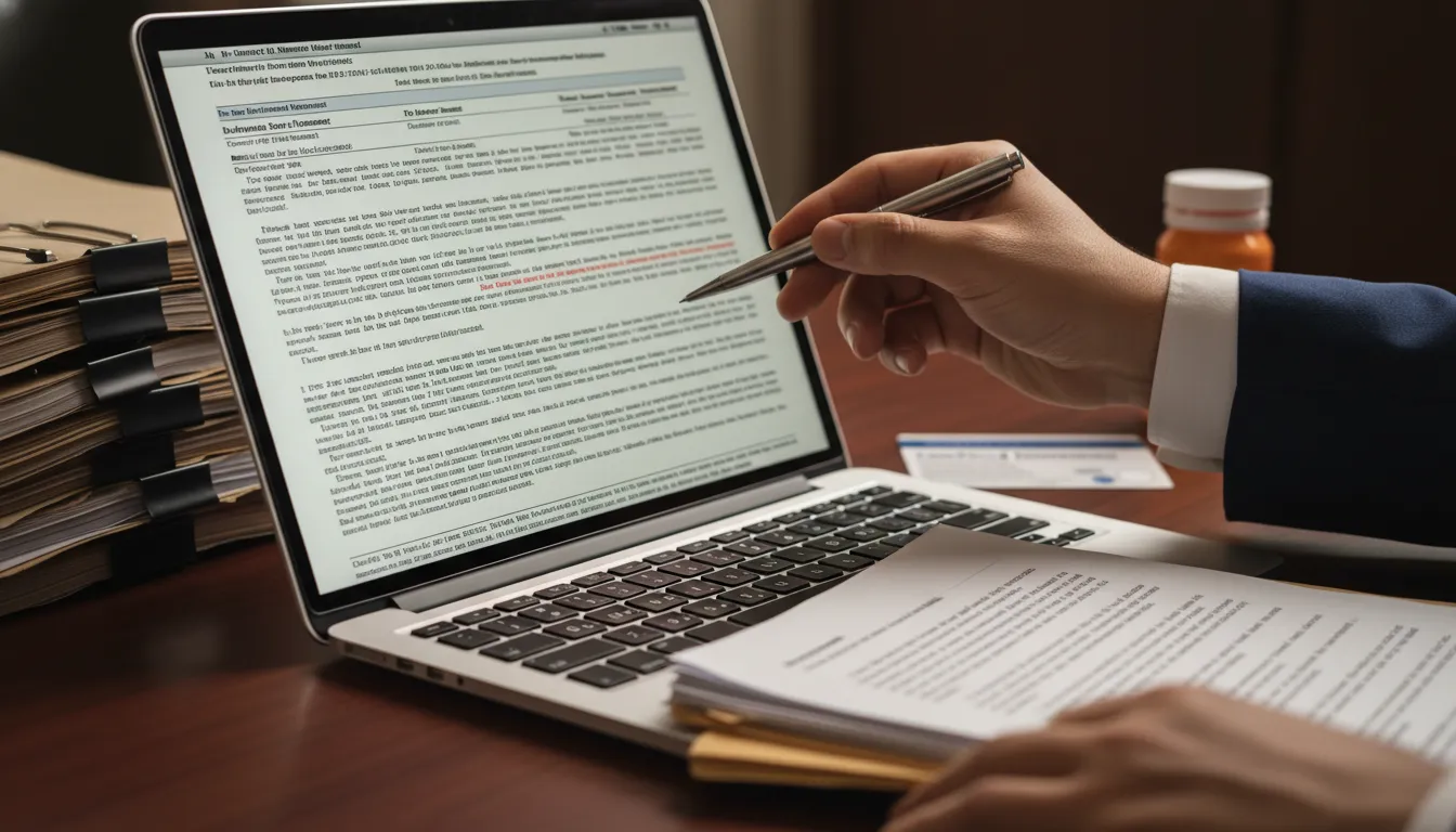 Documentos legais e laptop em foco, representando o trabalho de um advogado em Jandira contra plano de saúde.