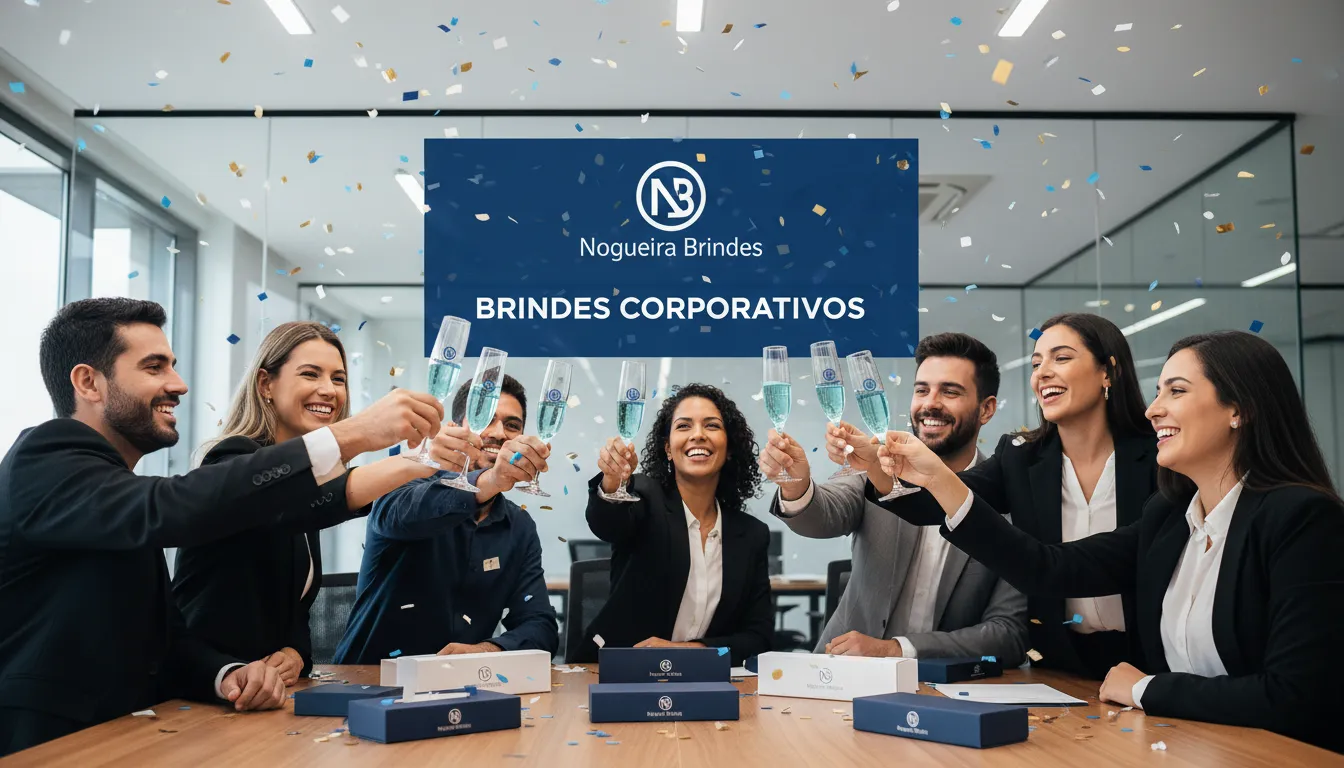 Funcionários de uma empresa brindando com copos long drink personalizados da Nogueira Brindes em celebração de um sucesso corporativo.