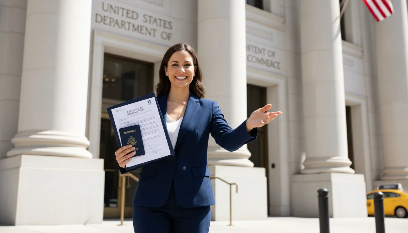 Entrepreneur celebrating successful U.S. company incorporation with official documents.