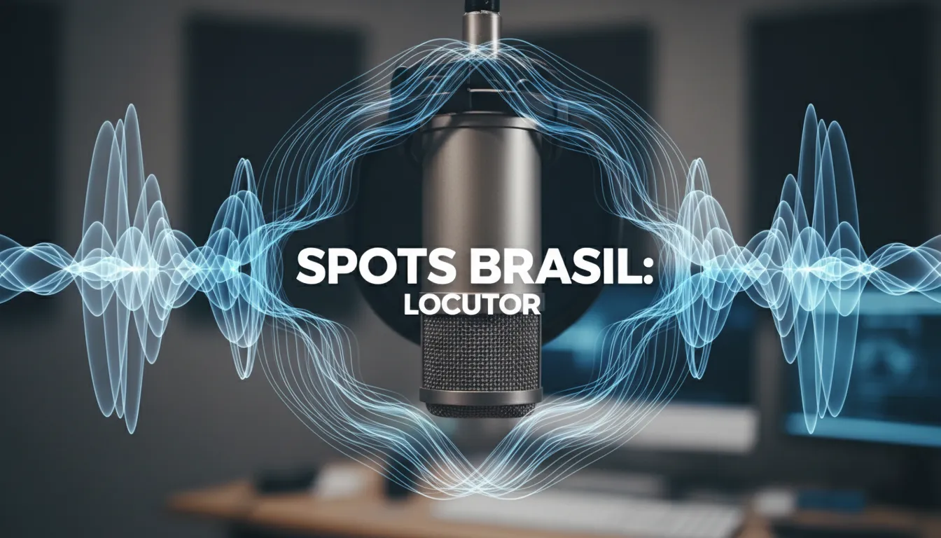Um microfone em close-up com ondas sonoras, representando a qualidade do serviço de locutor comercial da Spots Brasil. Perfeito para vinhetas.