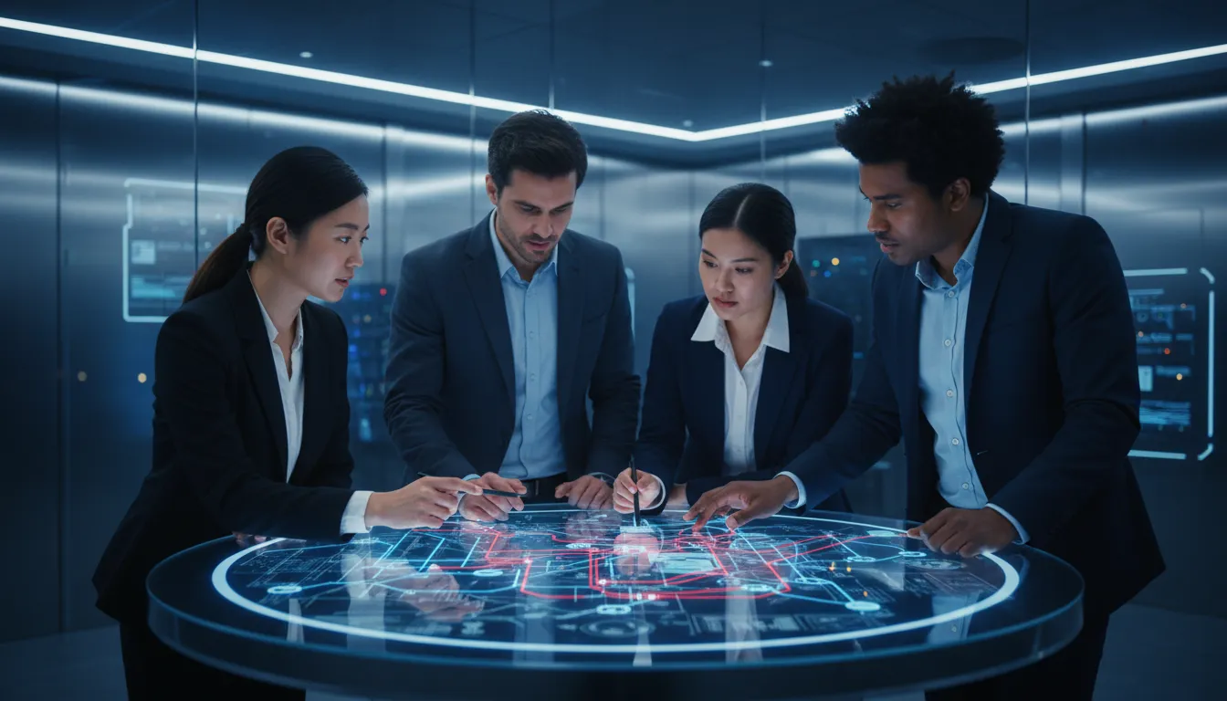 Equipe de segurança planejando a evolução de sistemas com foco em privacy by design, antecipando futuras ameaças.