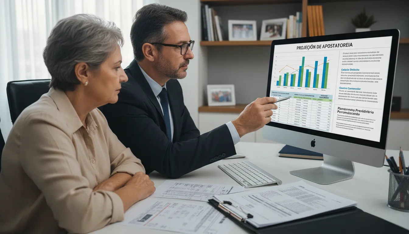 Consultor e cliente analisando extratos em computador para planejar aposentadoria.
