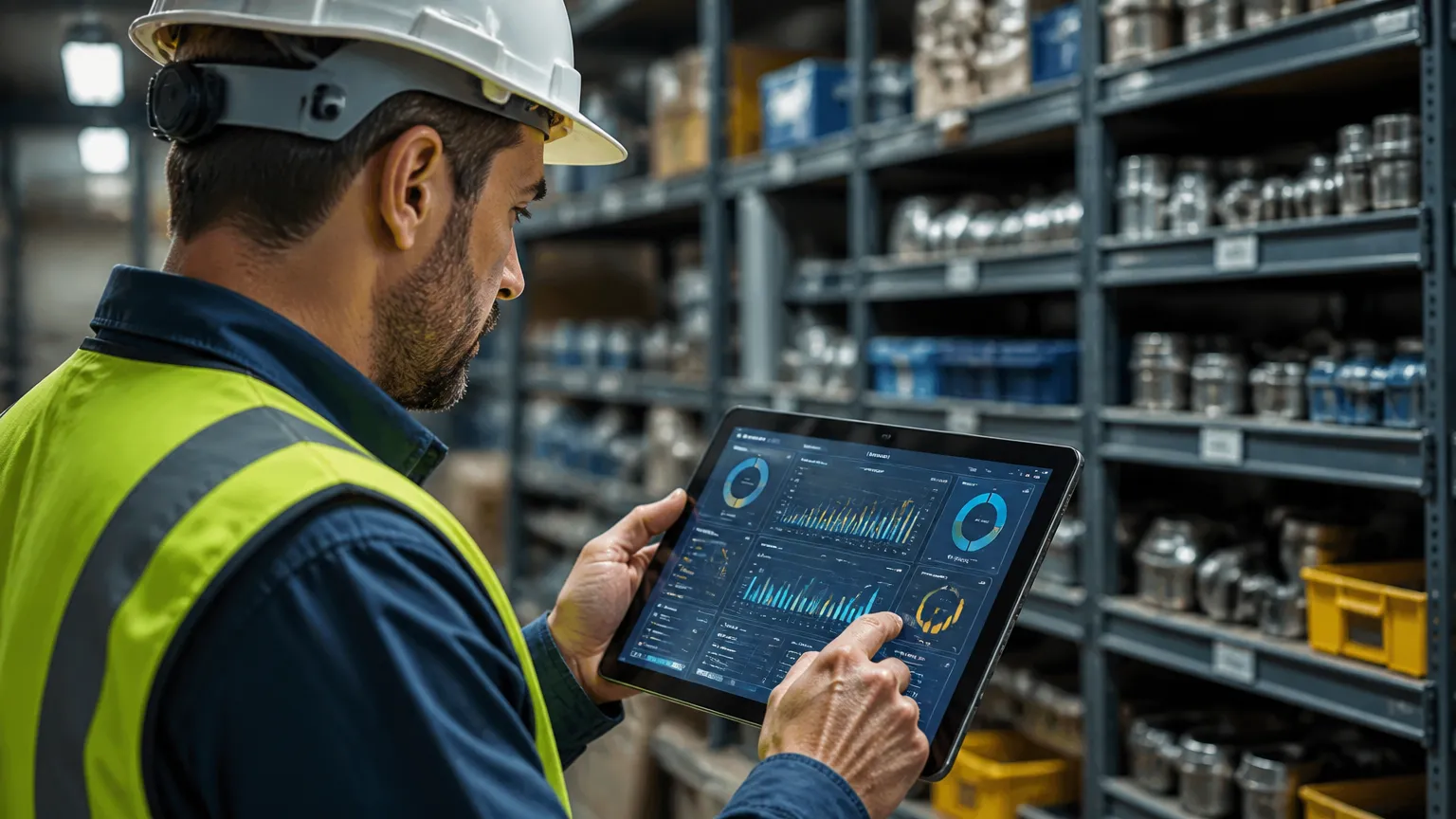 Profissional usando tablet para controle integrado no sistema de gerenciamento de armazenagem de peças.