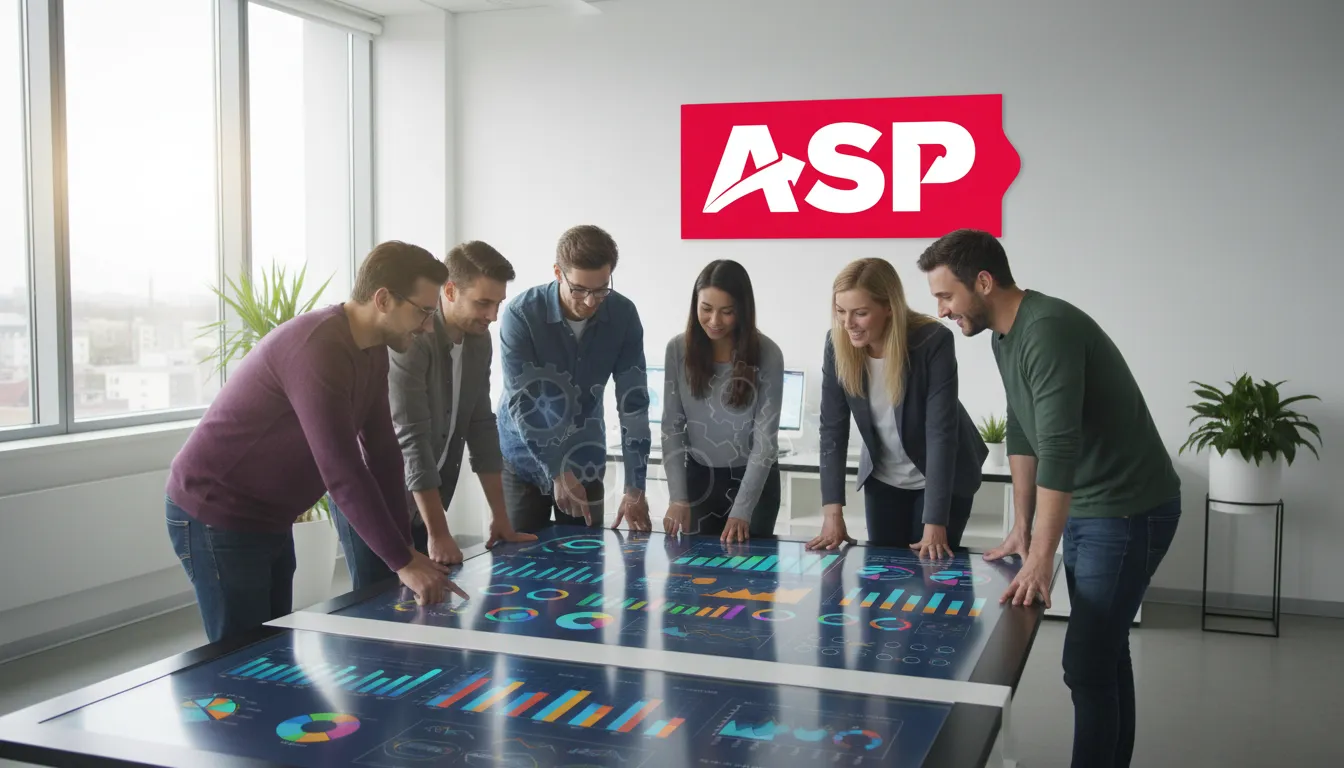 Equipe diversa colaborando em frente a um touchscreen com dados do ERP, mostrando como o sistema ajuda a atingir o break even através da análise de dados.