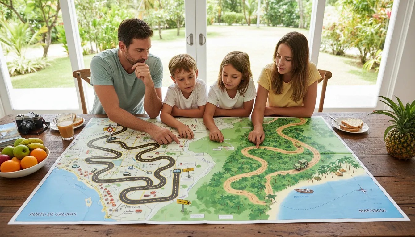 Uma família decidindo no mapa entre Porto de Galinhas ou Maragogi, considerando a facilidade de acesso em 2026.