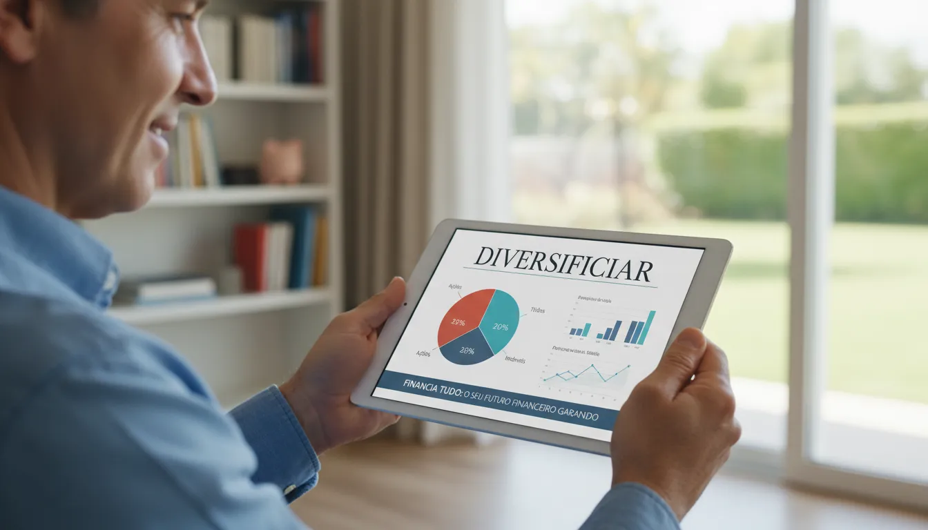 Um investidor gerenciando um portfólio diversificado em um tablet, com foco em planejamento financeiro de longo prazo e os benefícios de diversificar investimentos com a Financia Tudo.