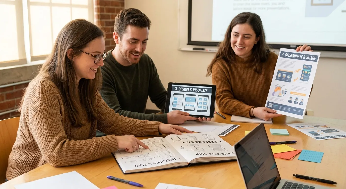 Passo a passo ilustrado para criação de infográfico com etapas de pesquisa, organização e design