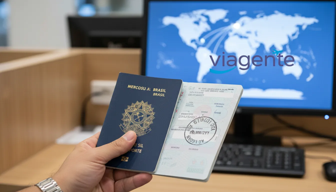 Passaporte brasileiro sendo carimbado em um balcão de imigração, ilustrando o processo de como tirar passaporte para viagens.