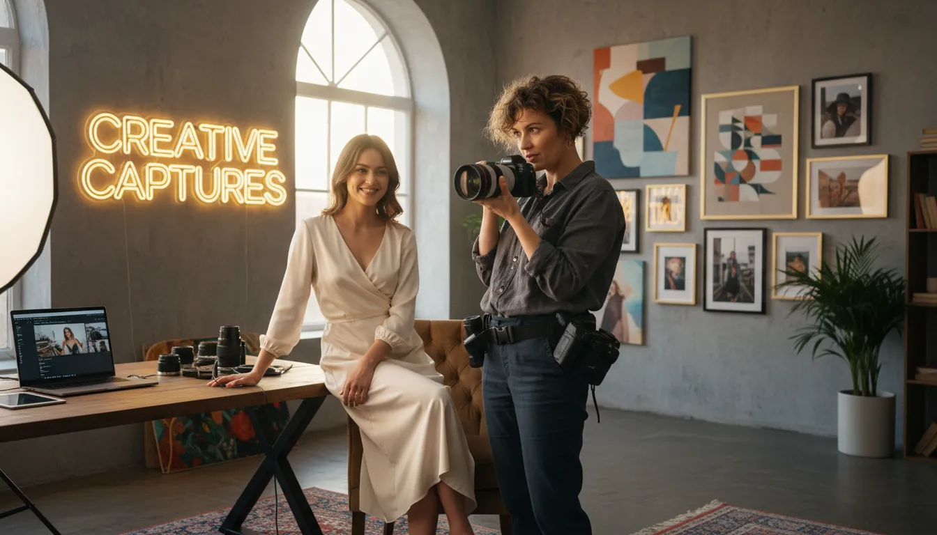 Texto Pronto para Página de Serviços de Profissional Autônomo 1 Fotógrafo autônomo realizando sessão em estúdio criativo, transmitindo profissionalismo e criatividade.