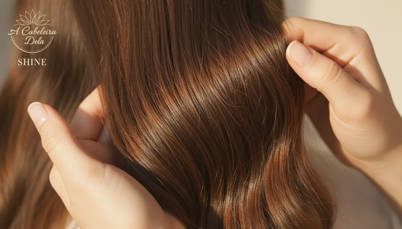 Mãos aplicando delicadamente óleo capilar nas pontas de cabelo ondulado e brilhante, mostrando o uso correto.