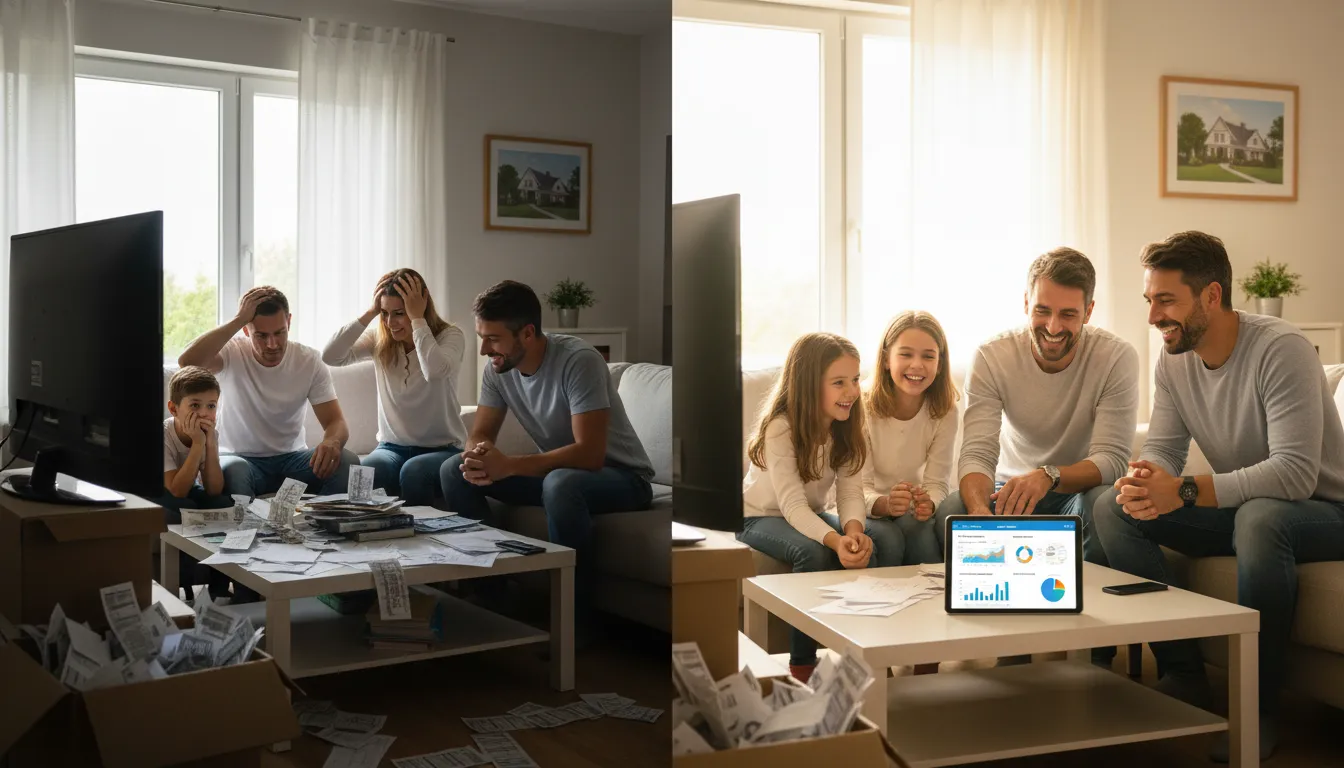 Transformação da família com home equity para reorganização financeira, mostrando alívio das dívidas.