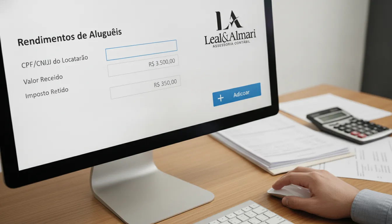 Tela de software de imposto de renda com seção de aluguéis, detalhando como declarar aluguel no IR.