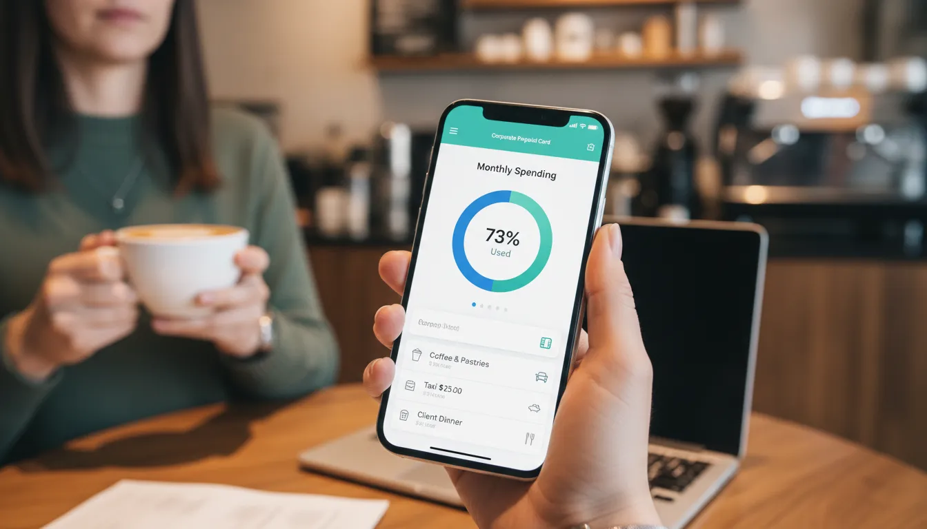 Mão usando app para rastrear despesas com Cartão Pré Pago para despesas corporativas em cafeteria.