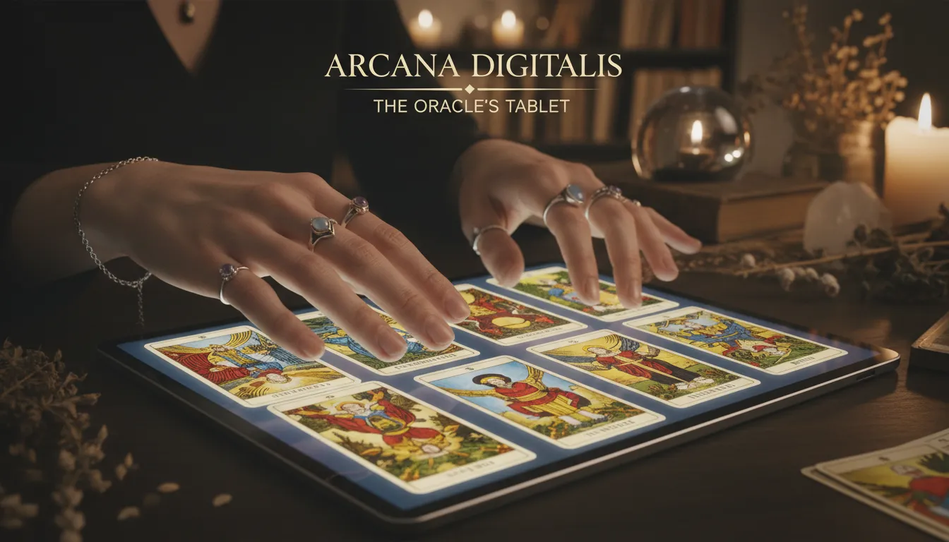 Mãos embaralhando cartas de tarot em tablet, simbolizando a união do moderno com o tradicional.
