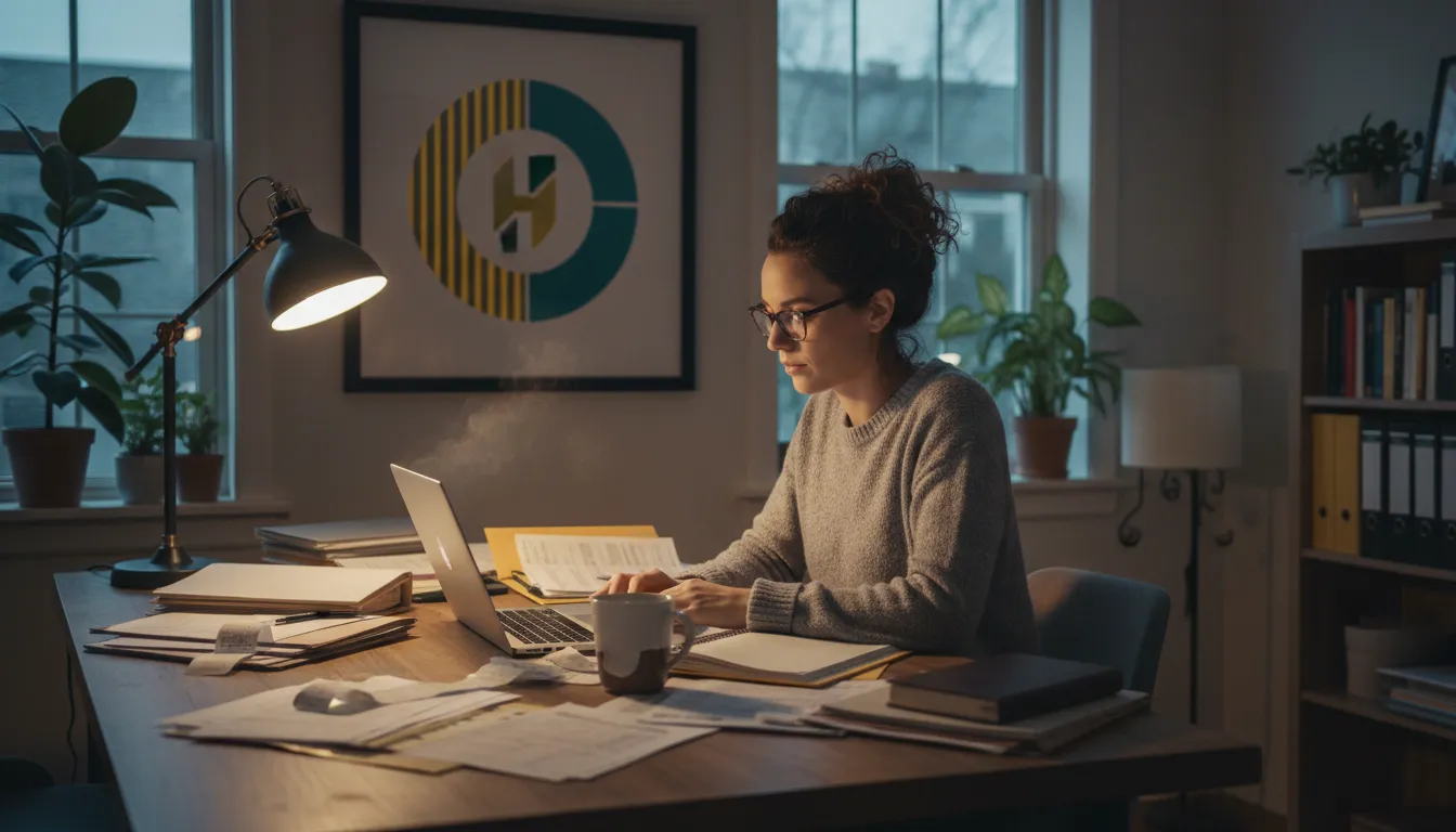Empreendedora em home office analisa documentos fiscais, com um gráfico representando a distribuição do lucro presumido.