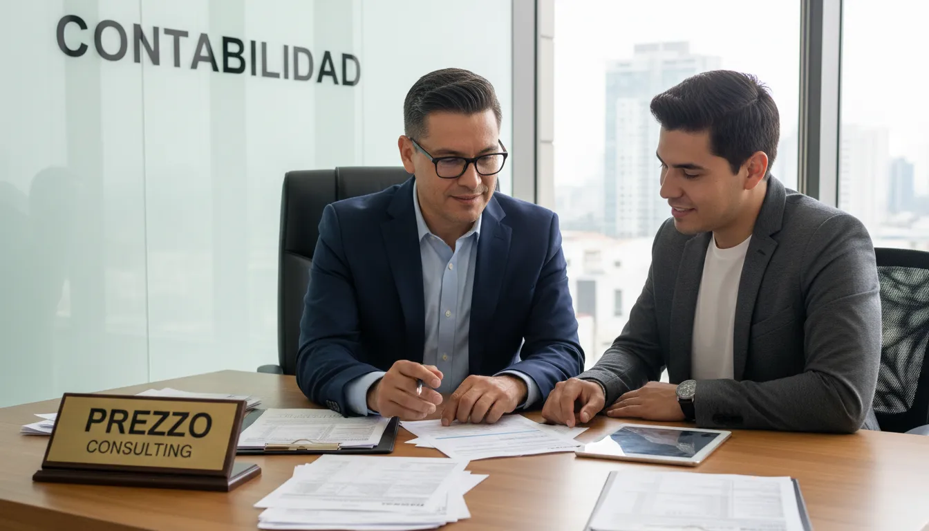Contador latino da Prezzo Consulting revisando documentos fiscais com um empreendedor. Uma parceria forte em contabilidad para emprendedores latinos en Florida.