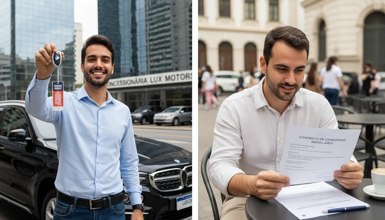 Pessoa recebendo chave de carro financiado e outra avaliando contrato de consórcio em contexto urbano brasileiro.