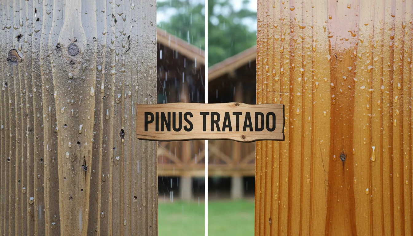 Close-up demonstrando a durabilidade do pinus tratado em uma cabana Eco Cabanas, com ênfase na resistência às intempéries e à proteção contra umidade e insetos.