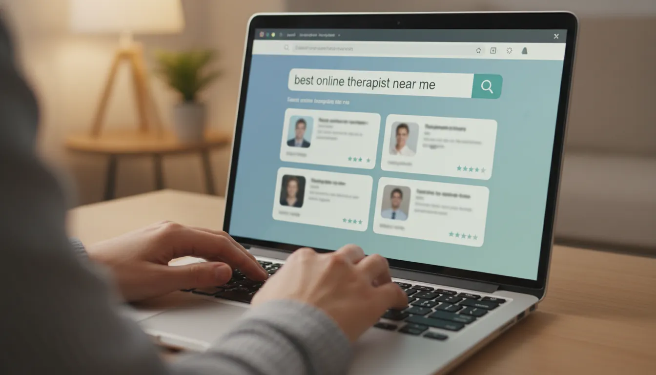 Mãos digitando 'melhor terapeuta online perto de mim' em um laptop, mostrando a busca por um terapeuta online. Unolife.