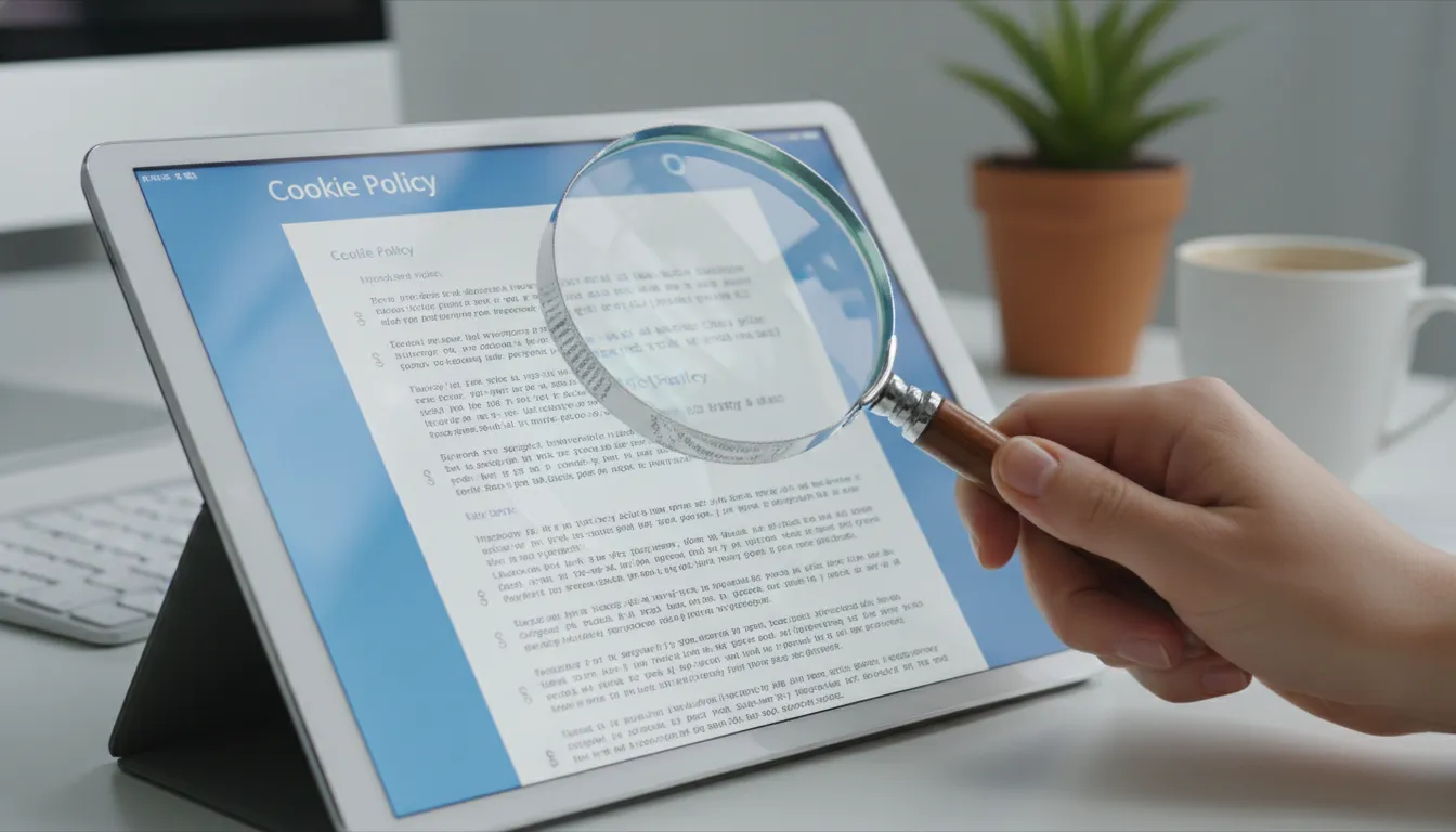 Mão com lupa examinando política de cookies em tablet, destacando detalhes da LGPD e privacidade de dados.