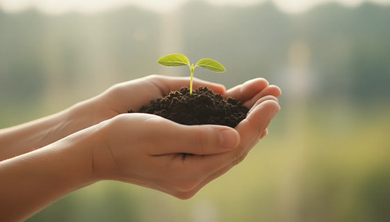 Mãos cuidando de uma planta jovem, simbolizando o cuidado proativo com a saúde e um comportamento positivo.