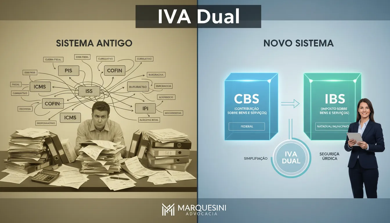 Imagem comparativa do sistema tributário antigo e o novo, mostrando a transição para a iva dual cbs ibs, com o logo da Marquesini Advocacia.