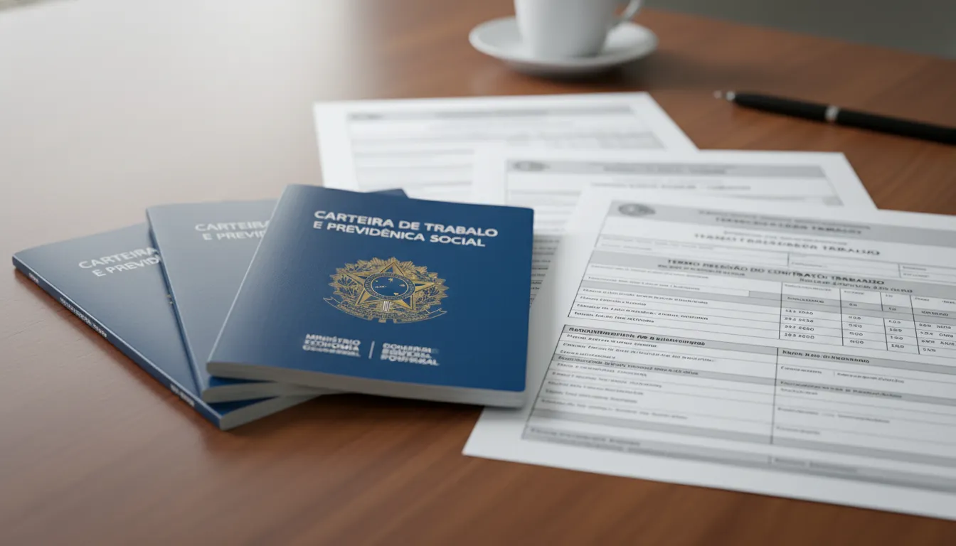 Carteiras de trabalho, rescisão e formulário de seguro-desemprego organizados sobre mesa ao sol.