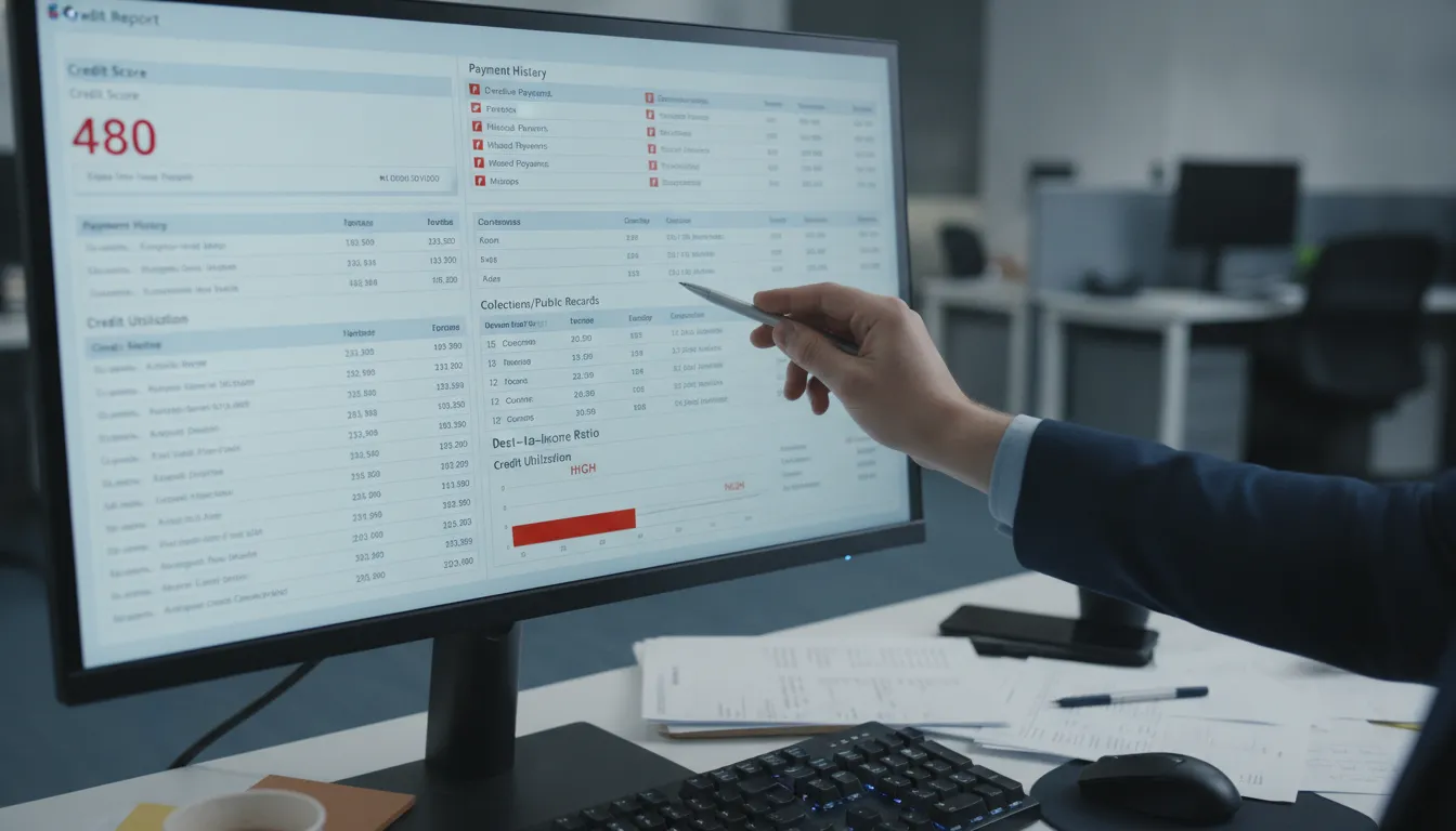 Tela de computador exibindo relatório de crédito com indicadores negativos, evidenciando erros que levam à reprovação.