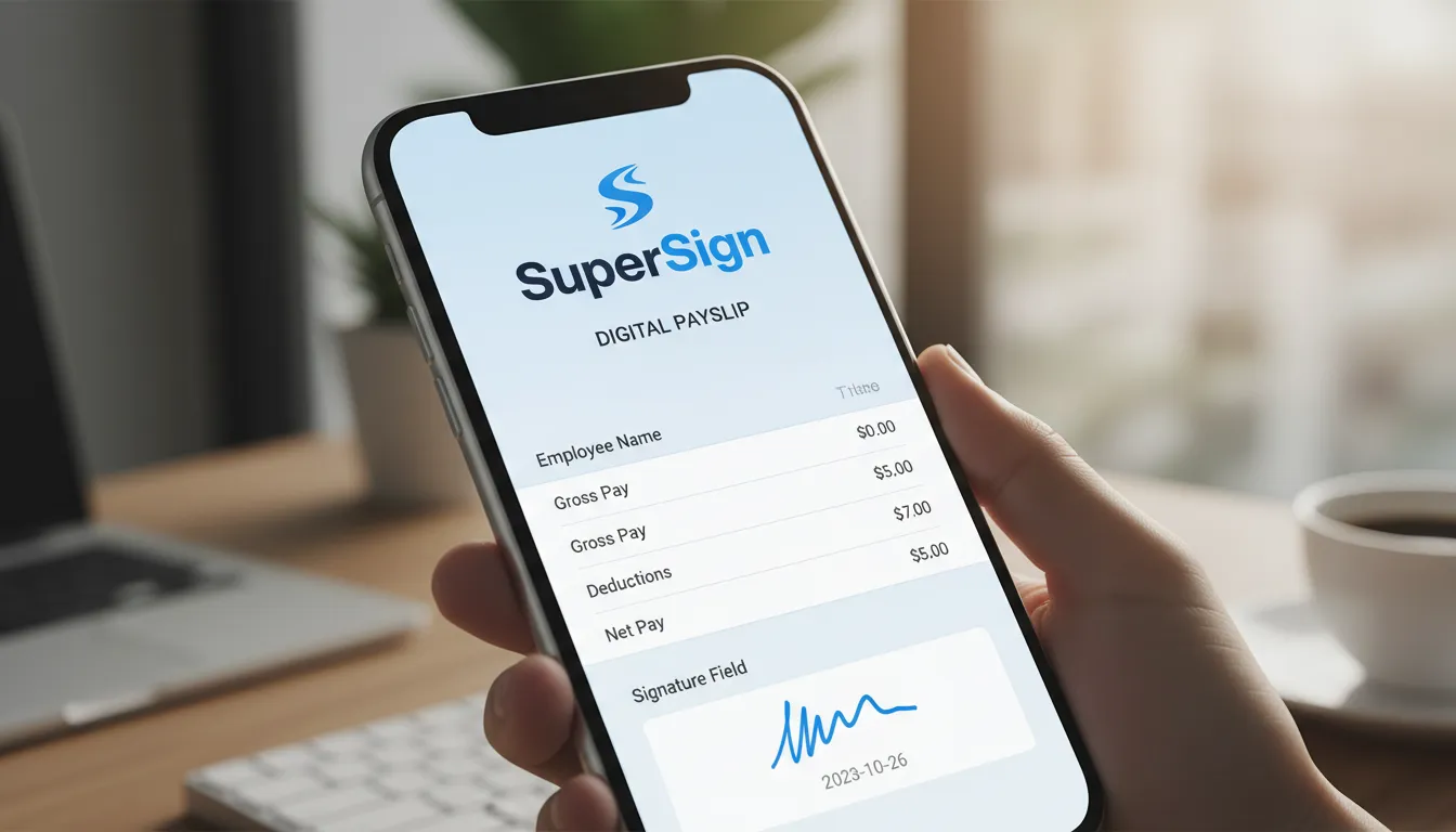 Close-up de um smartphone mostrando um holerite online com campo de assinatura digital. O logo da SuperSign está visível.