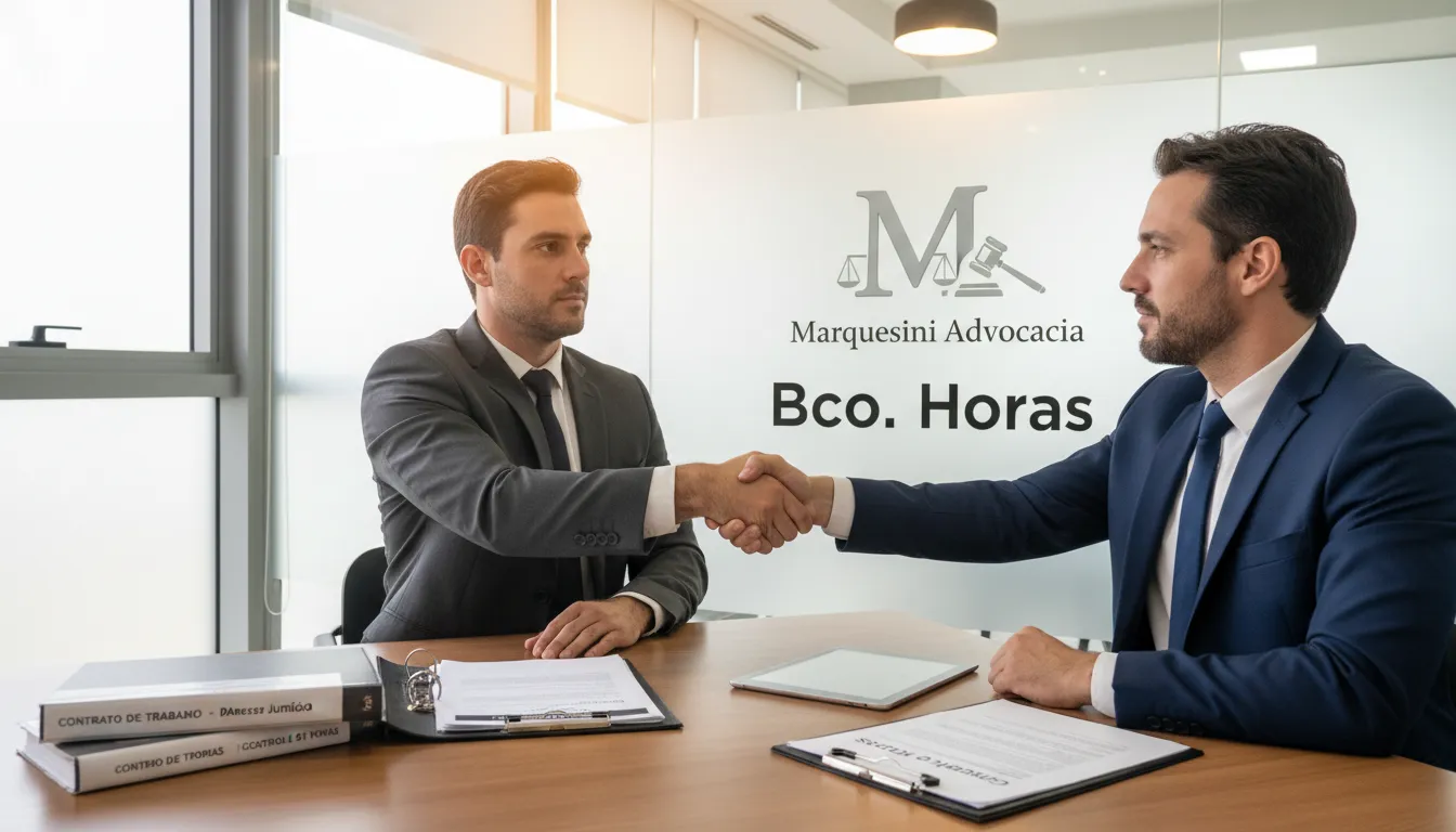 Parceria jurídica para gestão do banco de horas: empresário e advogado da Marquesini Advocacia em reunião.