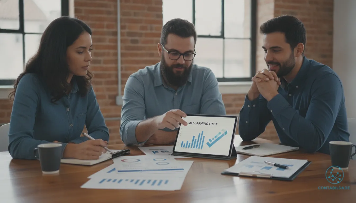 Pequenos empresários em reunião discutem quanto o MEI pode faturar, analisando dados financeiros e limites.