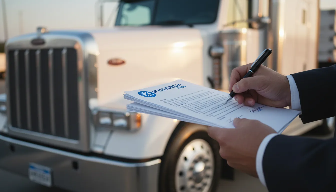 Mão assinando contrato de crédito para caminhão com a Financia Tudo, representando o valor liberado caminhão garantia crédito.