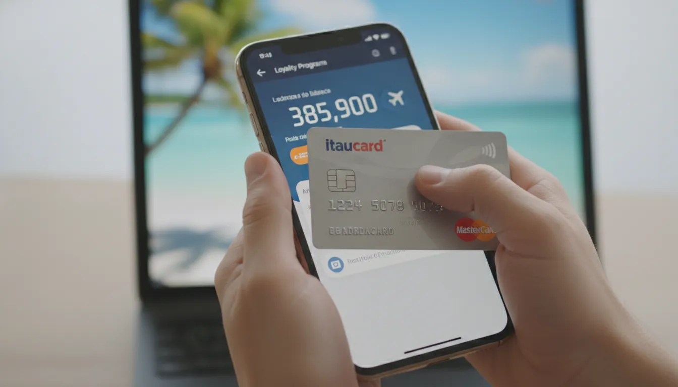 Mãos segurando smartphone com app de milhas e cartão Itaucard, com destino de viagem ao fundo, mostrando acúmulo.