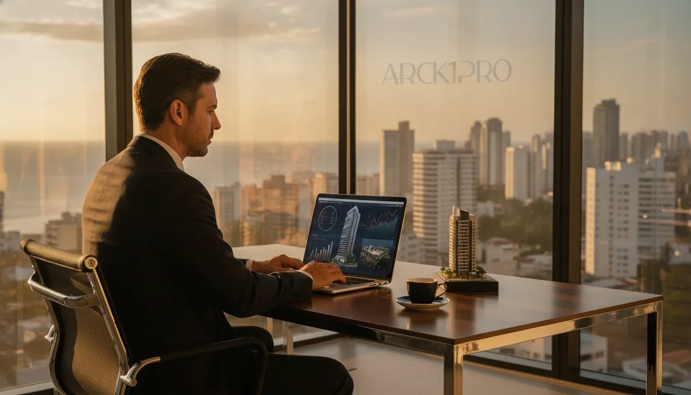 Empresário visionário contempla o sucesso de um projeto, seguindo a lei de incorporação imobiliária no litoral catarinense.