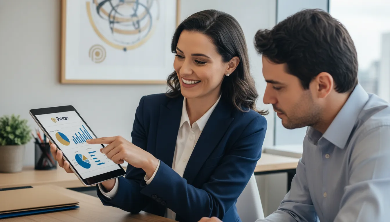 Consultor financeiro da Prezzo Contábil, um Escritório de Contabilidade em São Paulo, explicando relatório a um cliente com um sorriso.