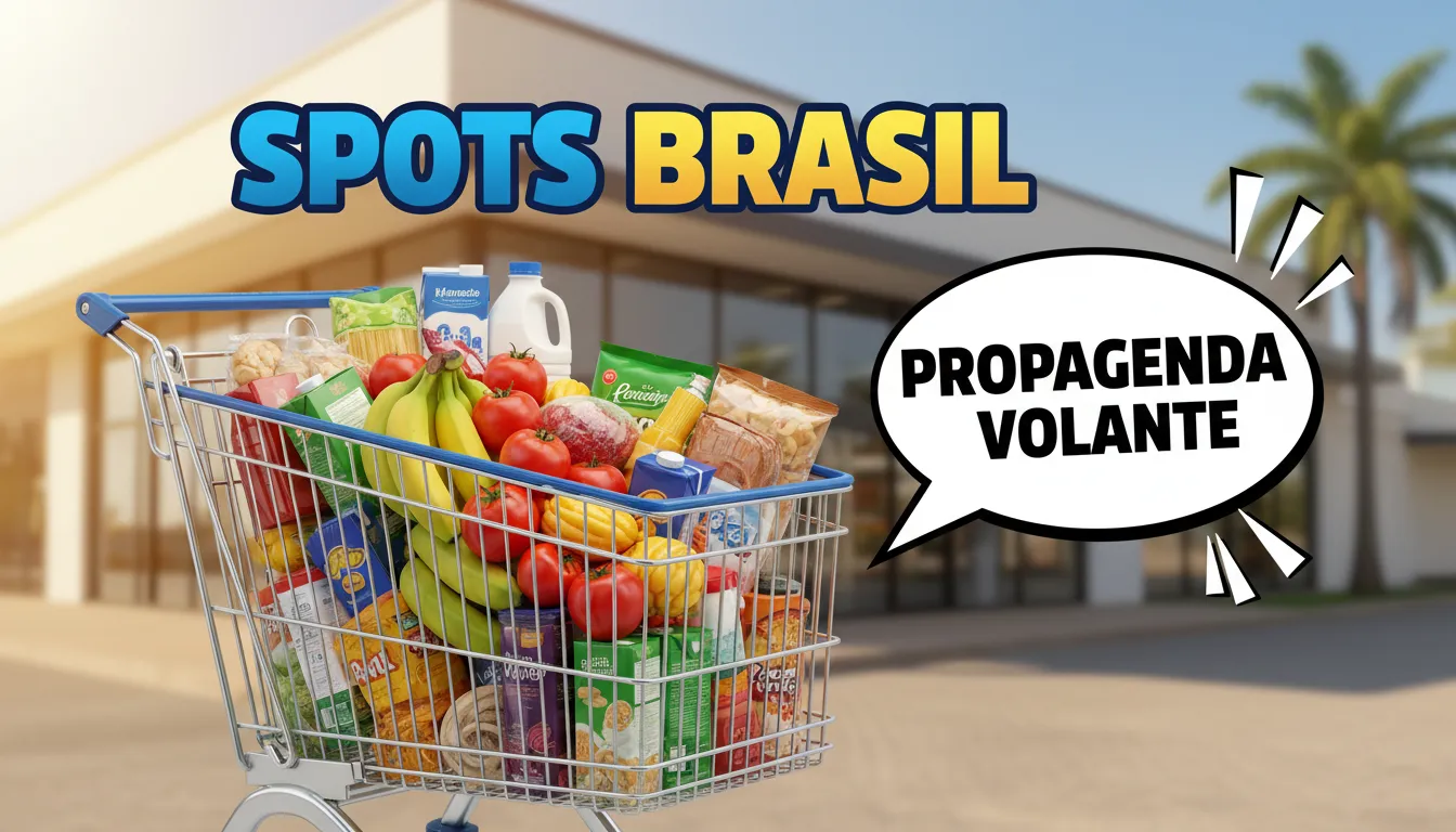 Propaganda volante vibrante para supermercado, destacando a gravação de vinheta promocional da Spots Brasil.