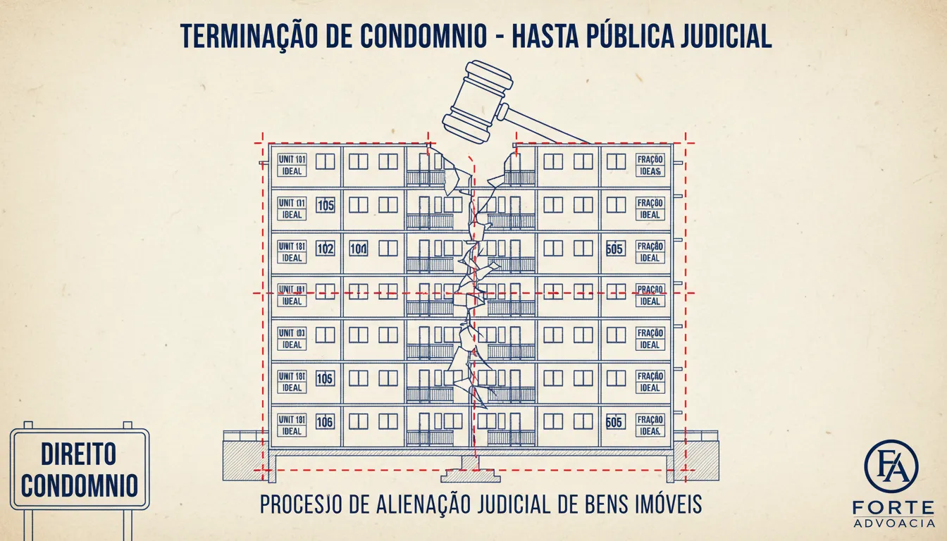 Pesquisa Pronta destaca desenho arquitetônico detalhado da divisão de um prédio em unidades, simbolizando a extinção de condomínio por venda judicial.