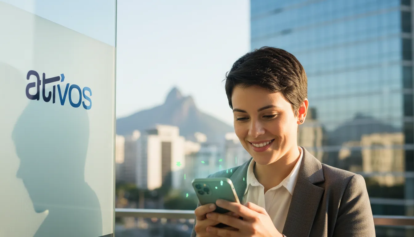 Pessoa feliz e aliviada após receber precatórios TJRJ, com smartphone e skyline do Rio de Janeiro ao fundo.